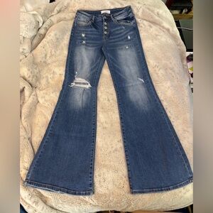 High-Rise Flared Distressed Women’s Jeans - Dark Blue